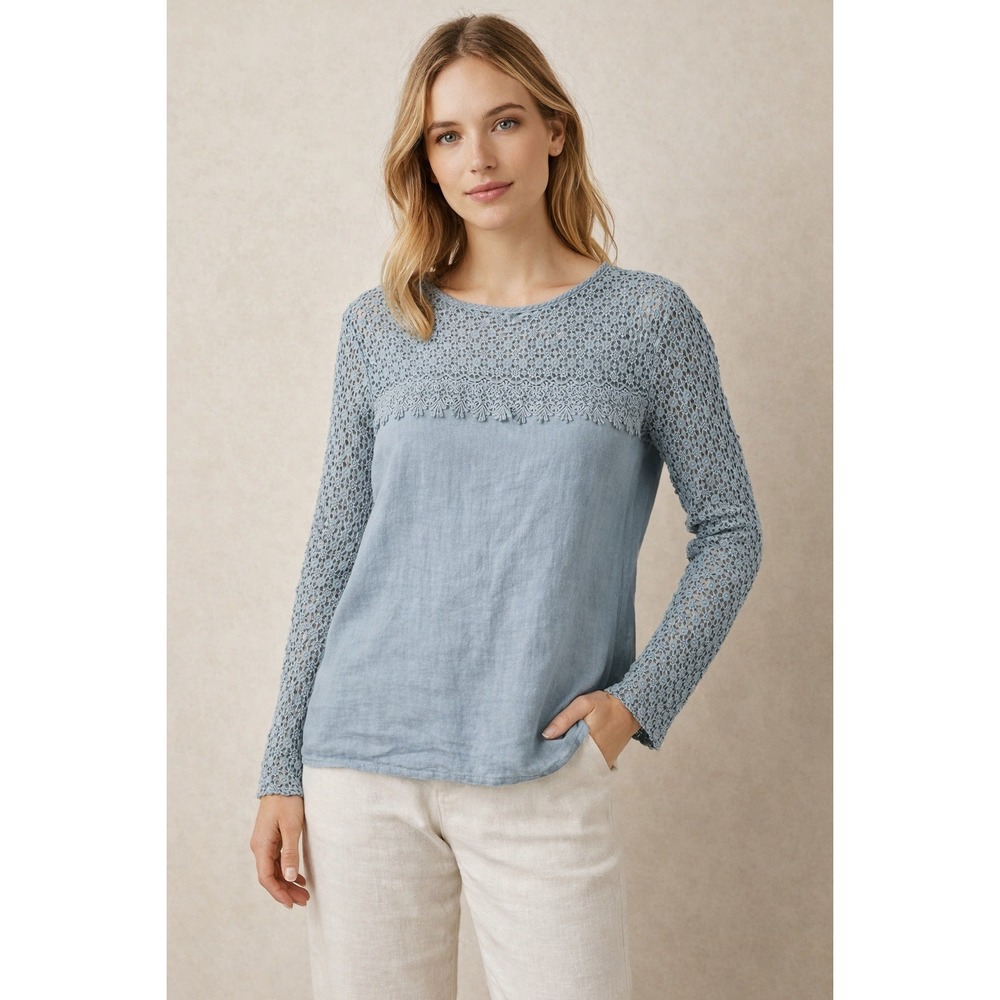 Francesca Bettini Lace Top Size S Blue Linen Crochet Made in Italy